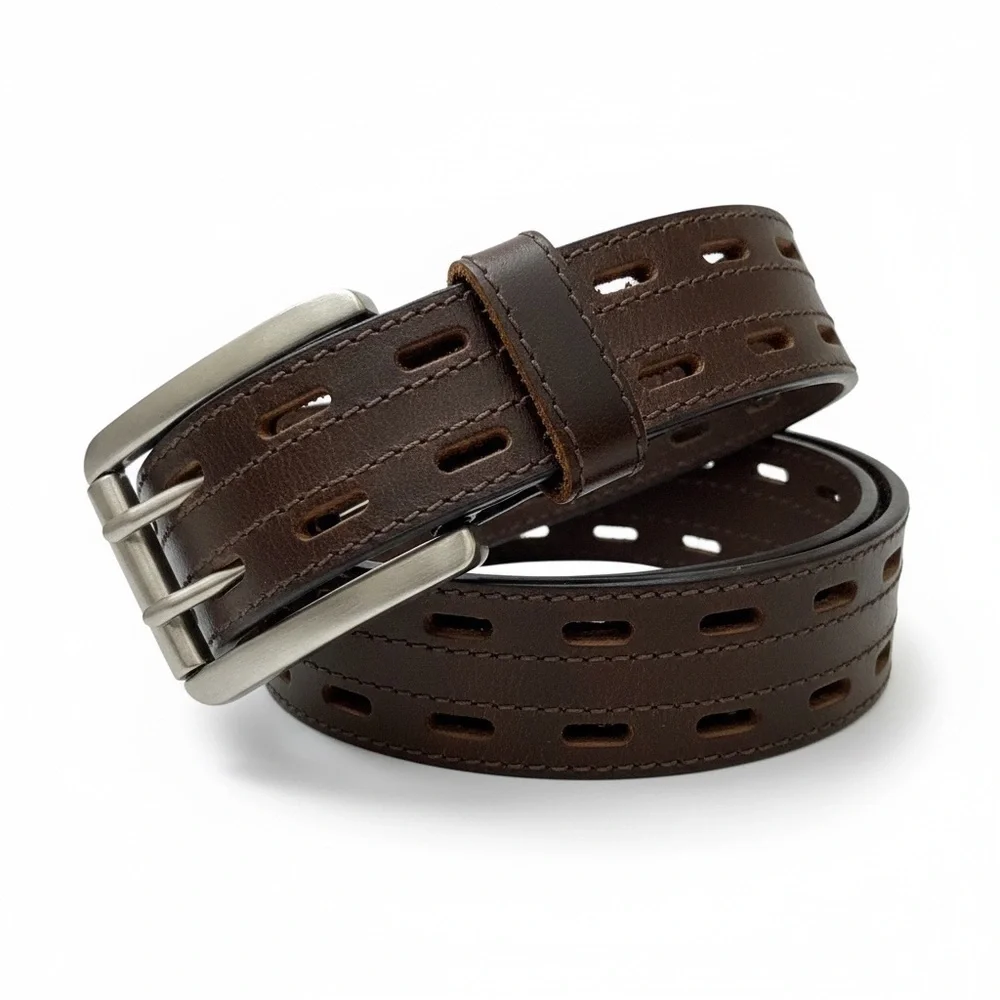 VTG 70s Brown Leather Belt Double Prong Silver Roller Buckle Adjustable Hippie